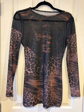 Women’s Long Sleeve Sheer Mini Dress in Brown Animal Print